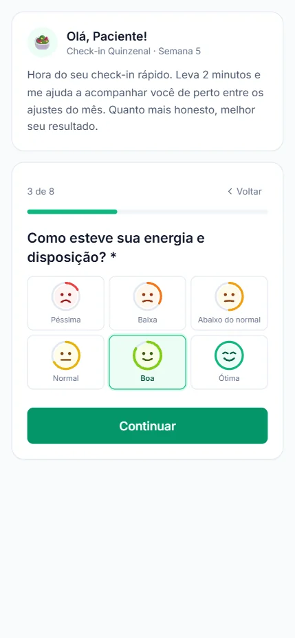 Formulário de feedback do paciente no celular: pergunta sobre energia e disposição